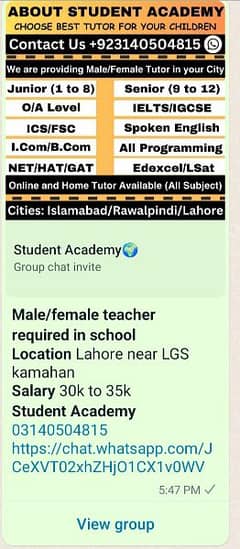Male/female teacher plus Admin required [03140504815]