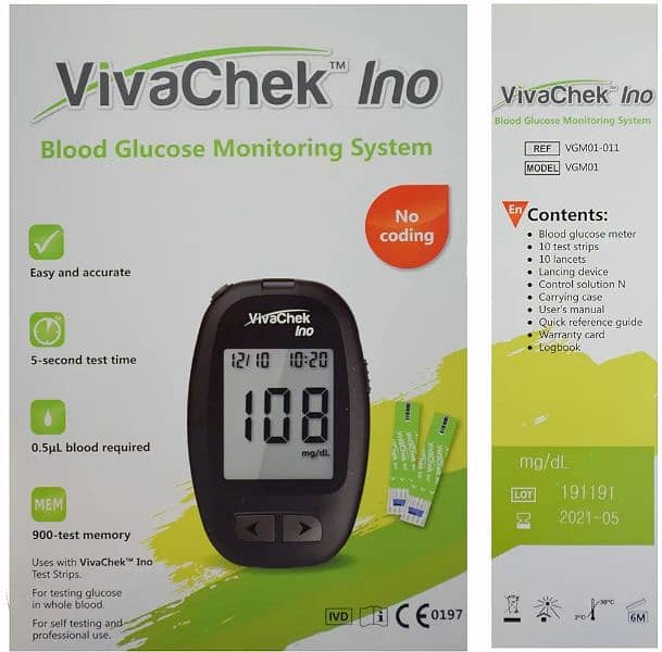 VivaChek Ino Blood Glucose Monitor + 60 Test strips/Vivashic Inu 3