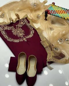 3 Pcs Women's Unstitched Katan Silk Embroidered Suit