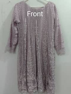Embroidered net frock with silk trouser and crape dupatta. 0