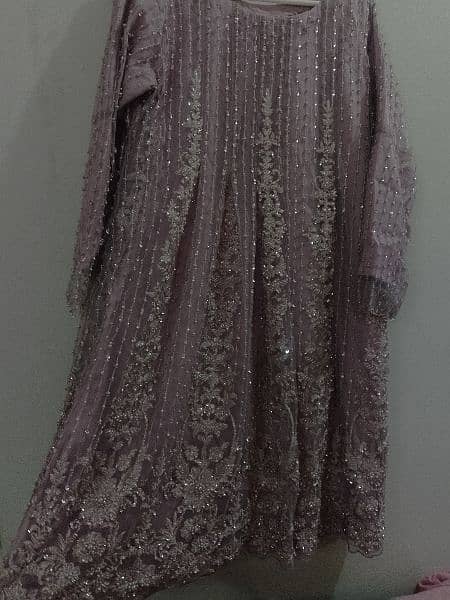 Embroidered net frock with silk trouser and crape dupatta. 4