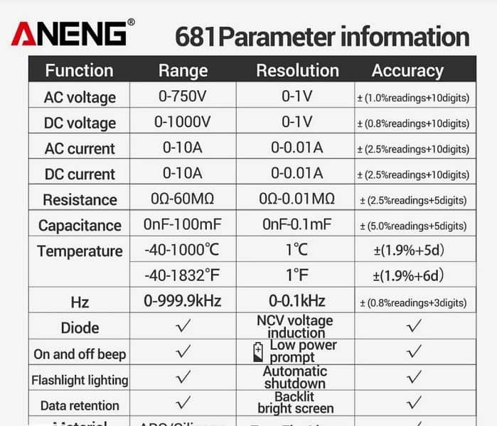 ANENG 681 LCD Screen Backlight Digital Rechargeable Multimeter 5