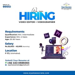 Video Editor+Videographer required in Real Estate Office (Male/Female)