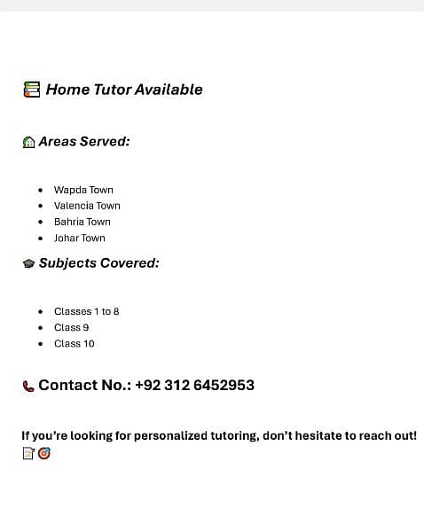 please Contact this number for Home Tutor phone No. 0312 6452953 0