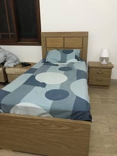 single bed with oakwood finish + spring mattress
