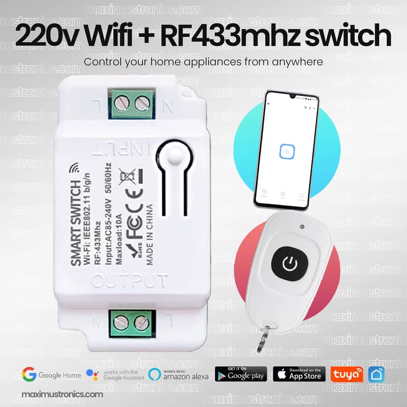 Tuya 220v Smart life Wifi+RF 433mhz remote switch for motor geyser AC 10