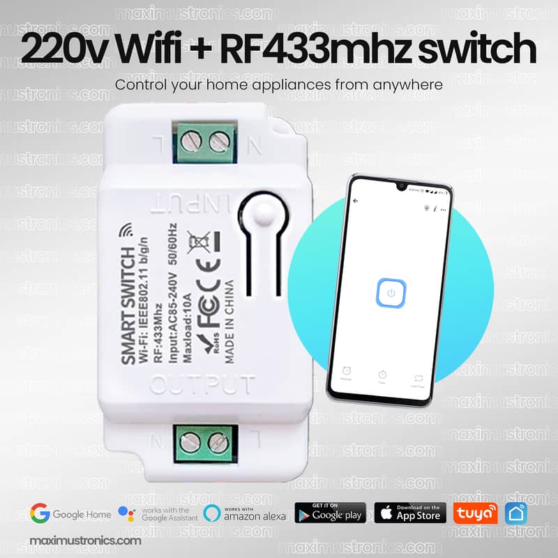 Tuya 220v Smart life Wifi+RF 433mhz remote switch for motor geyser AC 11