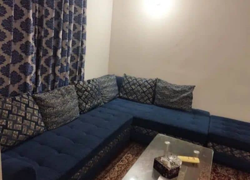7 Seater blue color L-shaped sofa set with pillows 1