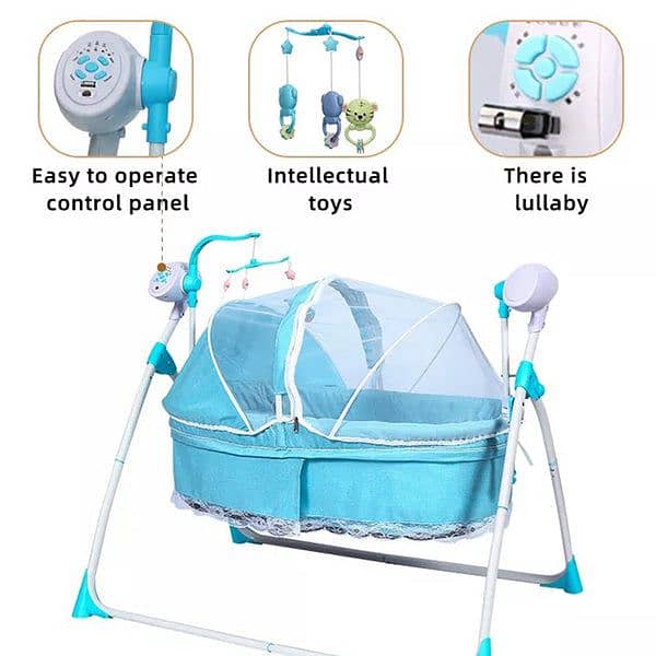 2-in-1 Foldable Baby Cradle Bed & Cot Swing with Mosquito Net - Blue 1