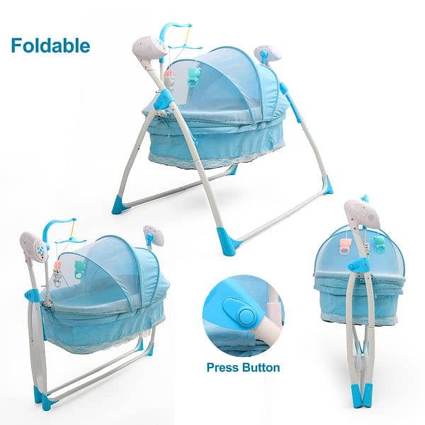 2-in-1 Foldable Baby Cradle Bed & Cot Swing with Mosquito Net - Blue 3
