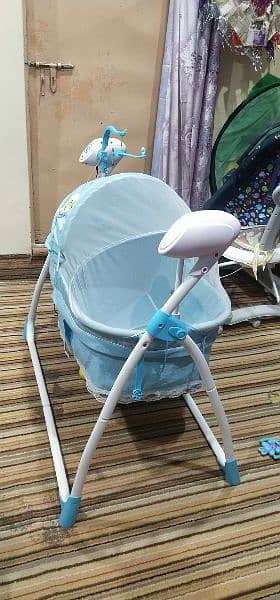 2-in-1 Foldable Baby Cradle Bed & Cot Swing with Mosquito Net - Blue 4