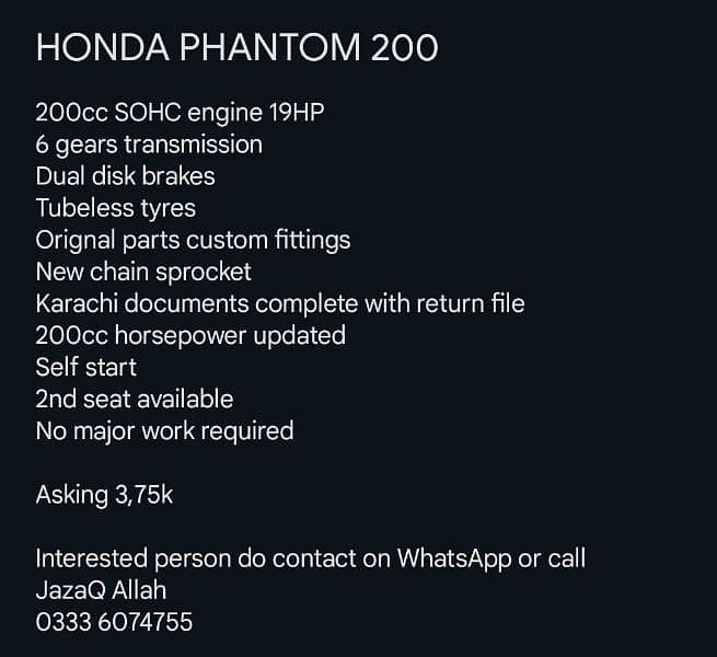 Honda phantom cruiser 200cc SOHC engine 19hp 1