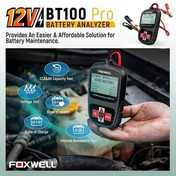 FOXWELL BT100 Pro 12V Car Battery Tester For Flooded AGM GEL 10 1