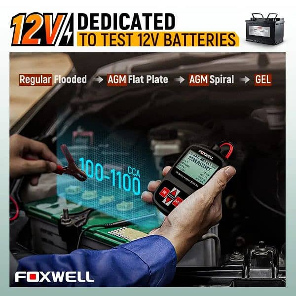 FOXWELL BT100 Pro 12V Car Battery Tester For Flooded AGM GEL 10 3