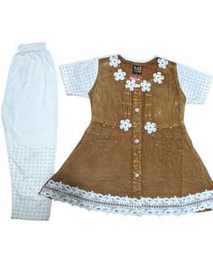 3 pice kids stitched denim embroidered frock suit