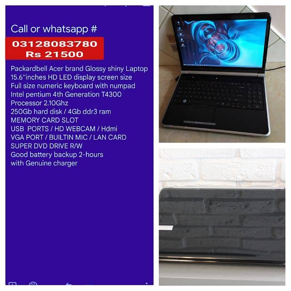 Pakardbell Acer Glossy Laptop 4th Gen 4GB Ram 250GB HDD 2hrs btry tmng 3