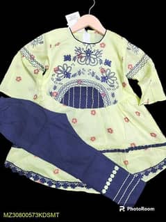 2 pcs Girl Stitched Cotton Embroidered Frock and Trouser set