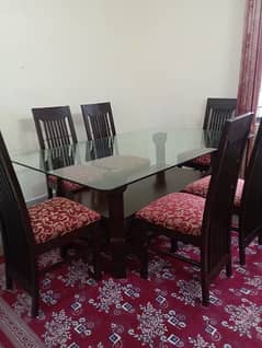 wooden Dining table glass top with 6 chairs