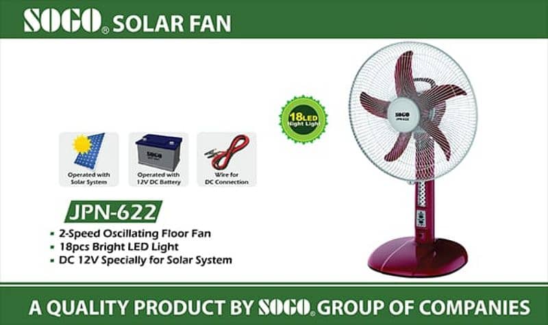 Sogo DC 12V Solar Floor Fan - Blade Diameter 16" - (JPN-622) 1