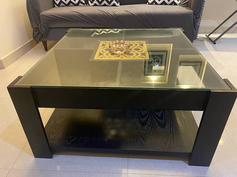 wooden centre table with glass top 0