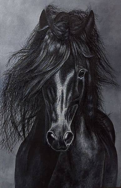 Black horse oil painting 0