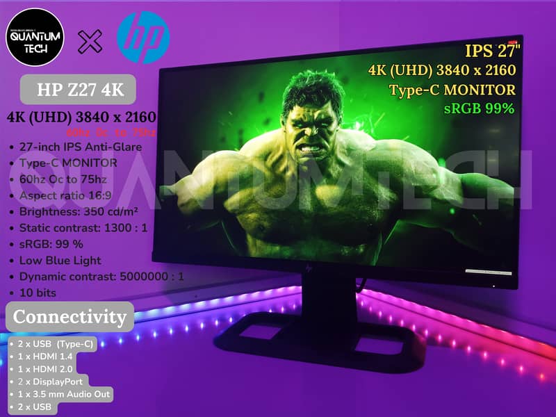 HP Z27 4K UHD 27INCH IPS 60hz Type-C Borderless Gaming Monitor PS5 PC 0