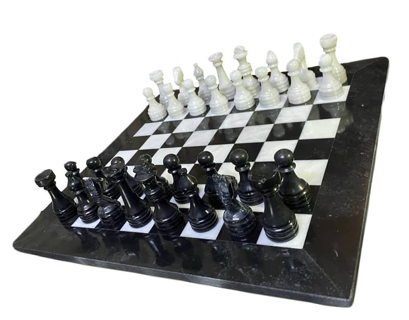 Handcrafted Black and White Marble Chess Set 15" with velvet blue box 1