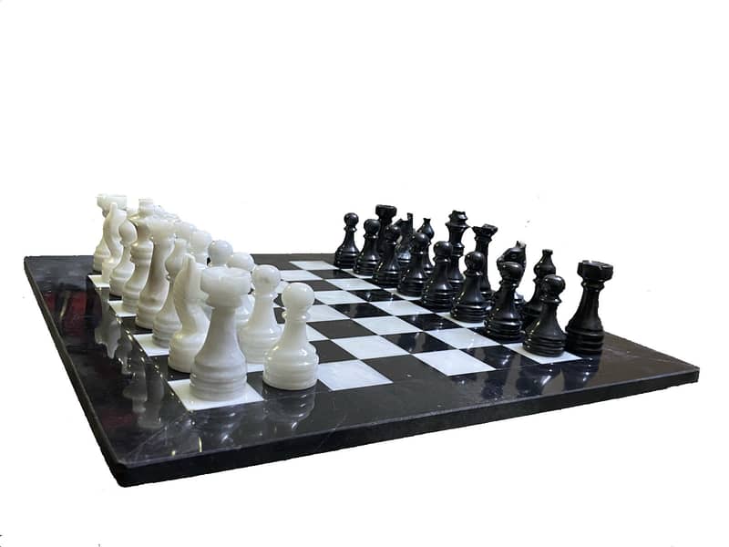 Handcrafted Black and White Marble Chess Set 15" with velvet blue box 2