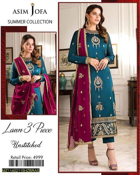 3 PC's women's unstitched lawn embroidered suit 0