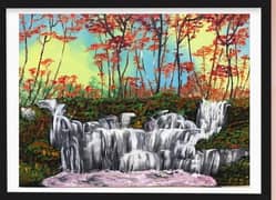 trees with waterfall painting