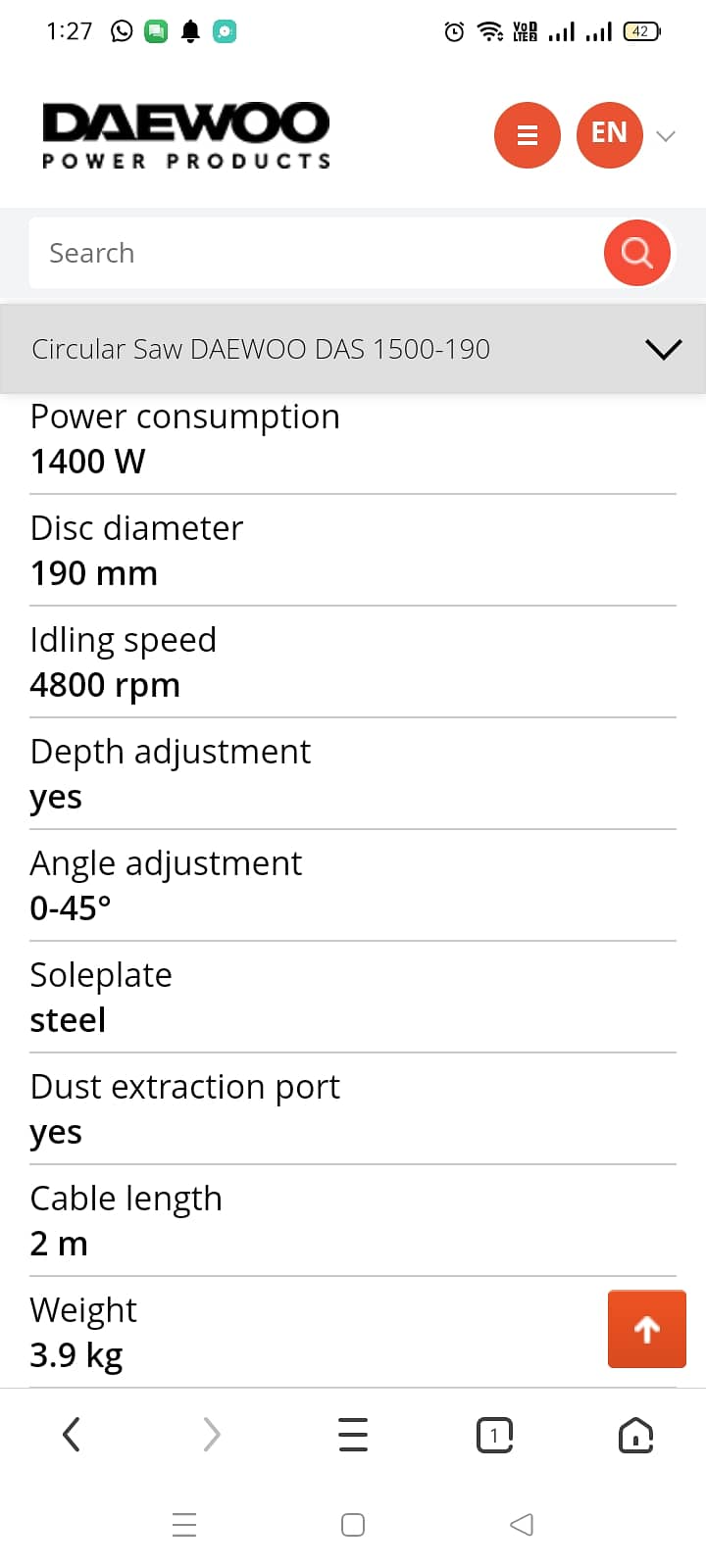 Daewoo circular saw 1500 watt 185 mm dia blade 1