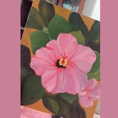 Floral oil painting on wood plank