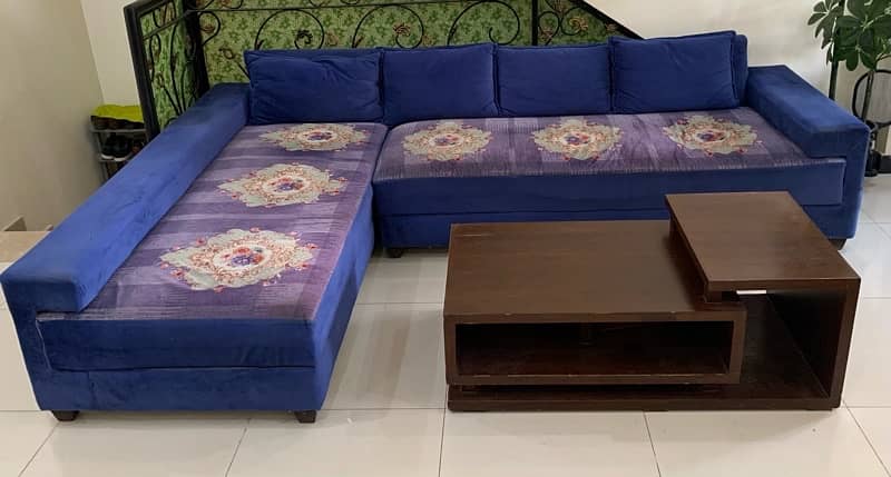 L-shaped Sofa and centre table (wooden) for sale 0