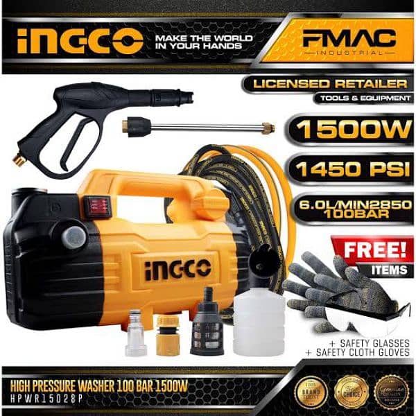 New) INGCO High Pressure Washer Cleaner - 100 Bar, Induction Motor 3
