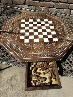 Chess board Wooden- (Antique chess board with 12 wooden pieces bags)
