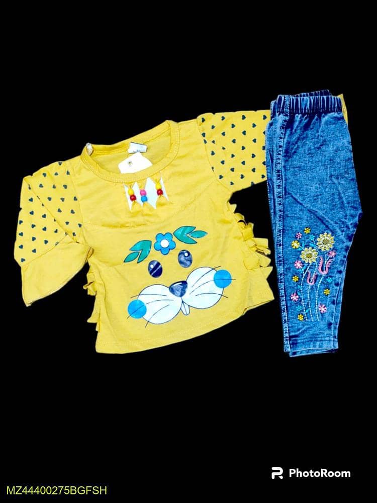 2 Pcs Girl's Stitched Jersey Lycra Printed T Shirt And Pant Set 2