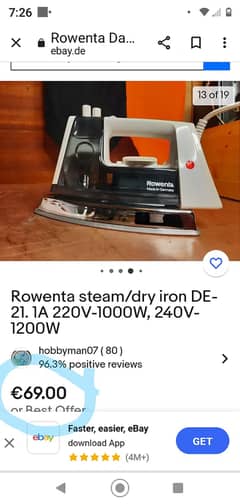 ROWENTA IRON DA-21 MADE IN GERMANY  Rowenta steam/dry iron DE-21.1A 22 0