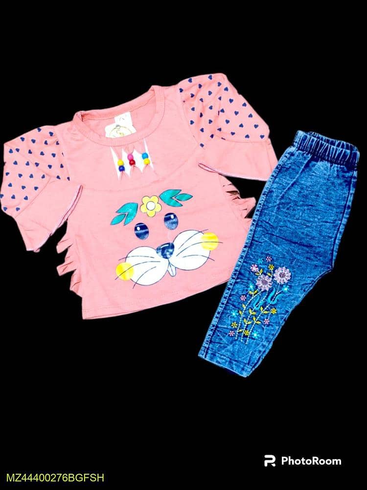 2 Pcs Girl's Stitched Jersey Lycra Printed T Shirt And Pant Set 1