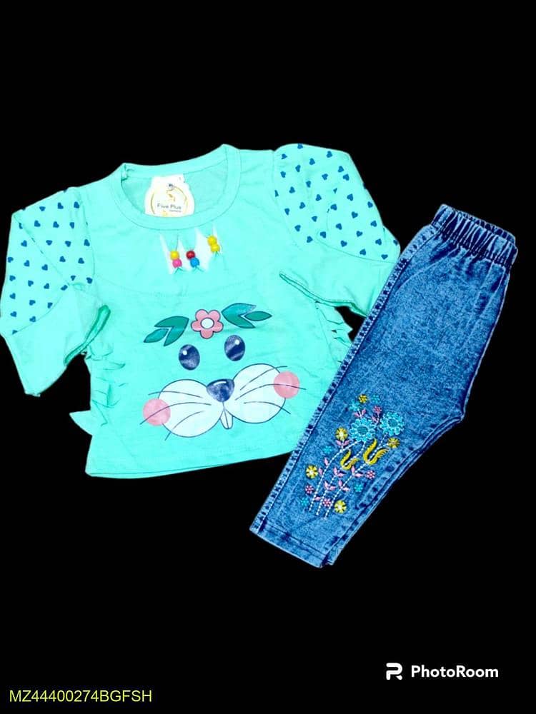 2 Pcs Girl's Stitched Jersey Lycra Printed T Shirt And Pant Set 3