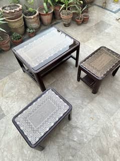 set of 3 tables, original wood, glass tops included