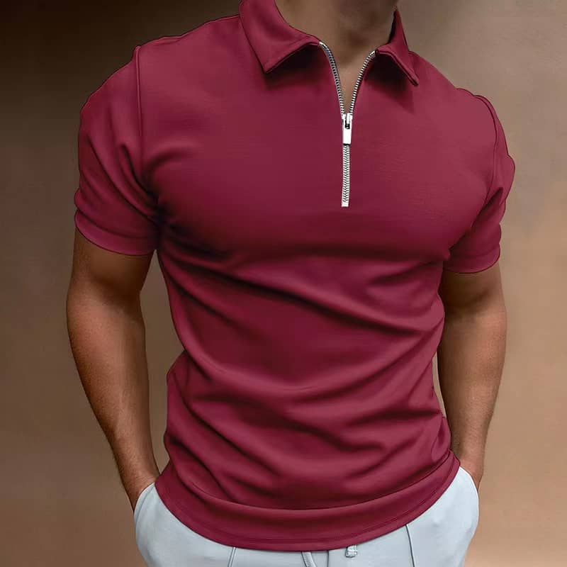 Summer Men's Solid Color Polo Shirt Short Sleeve Turn-Down Collar Zipp 1