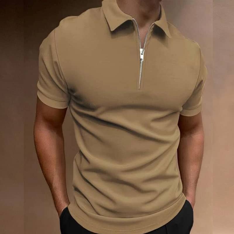Summer Men's Solid Color Polo Shirt Short Sleeve Turn-Down Collar Zipp 2
