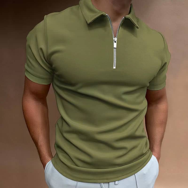 Summer Men's Solid Color Polo Shirt Short Sleeve Turn-Down Collar Zipp 3