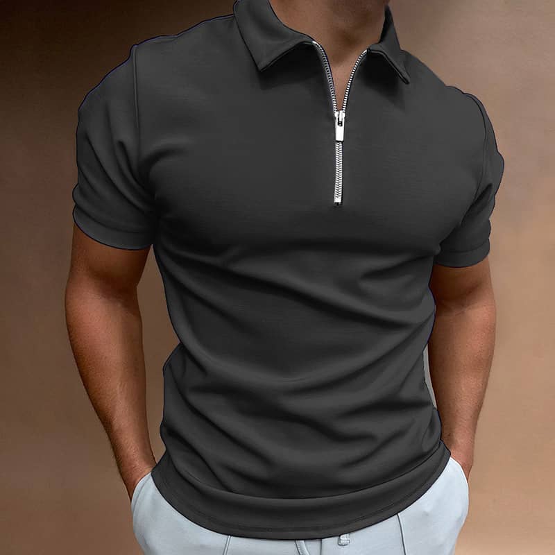 Summer Men's Solid Color Polo Shirt Short Sleeve Turn-Down Collar Zipp 4