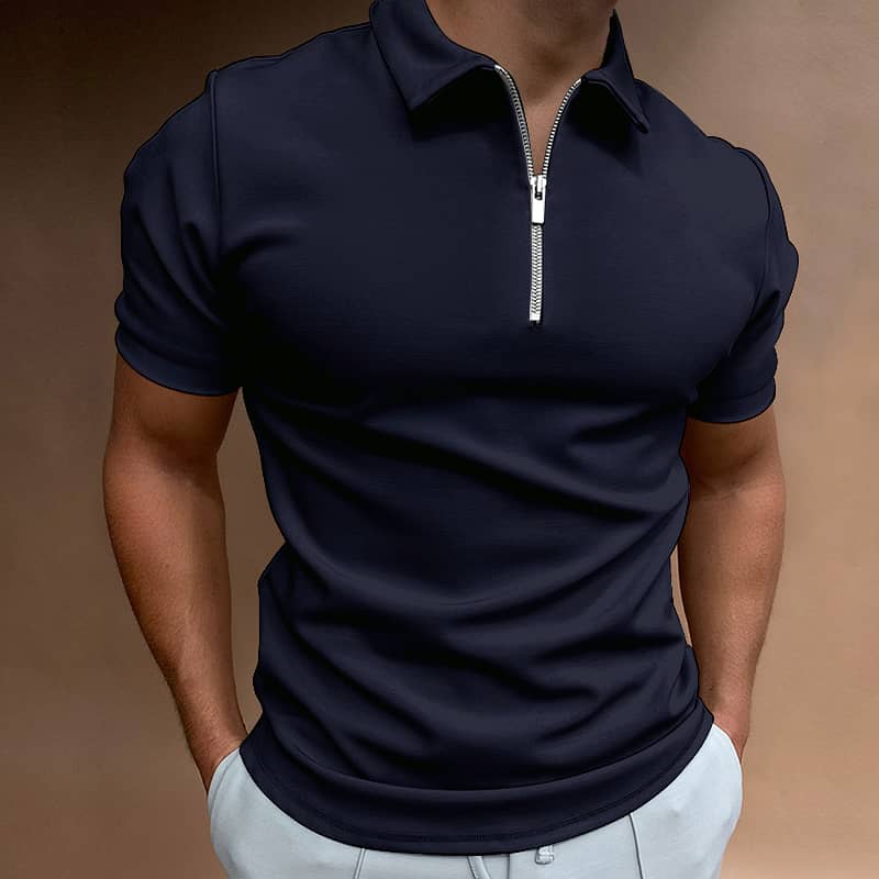 Summer Men's Solid Color Polo Shirt Short Sleeve Turn-Down Collar Zipp 9