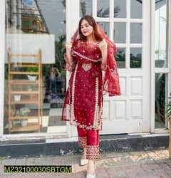 woman stitched  fancy katan silk embroidered suit
