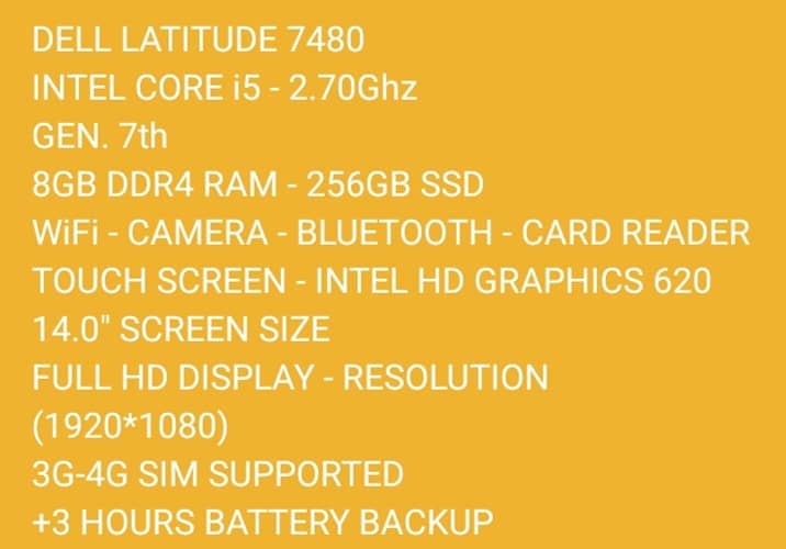 DELL LATITUDE 7480 CORE i5-2.50Ghz GEN. 6th 8GB DDR4 RAM 256GB SSD FHD 9