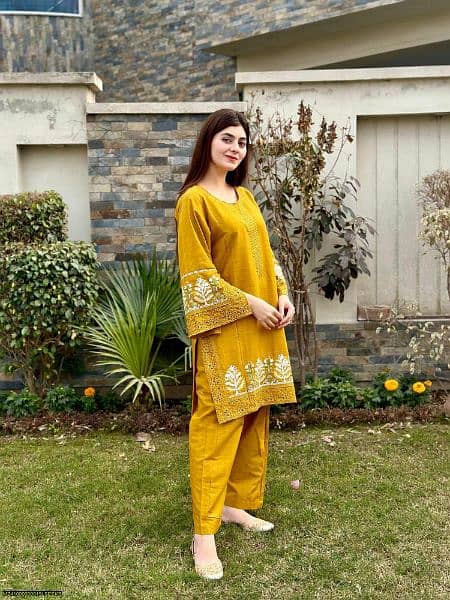 2 Pcs Women's Stitched Cotton Embroidered Shirt And Trouser 1