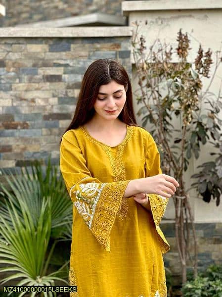 2 Pcs Women's Stitched Cotton Embroidered Shirt And Trouser 2