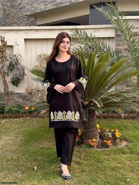 2 Pcs Women's Stitched Cotton Embroidered Shirt And Trouser 3